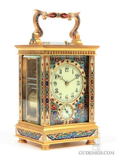 An attractive French gilt brass cloisonné carriage clock with petite sonnerie, circa 1890.